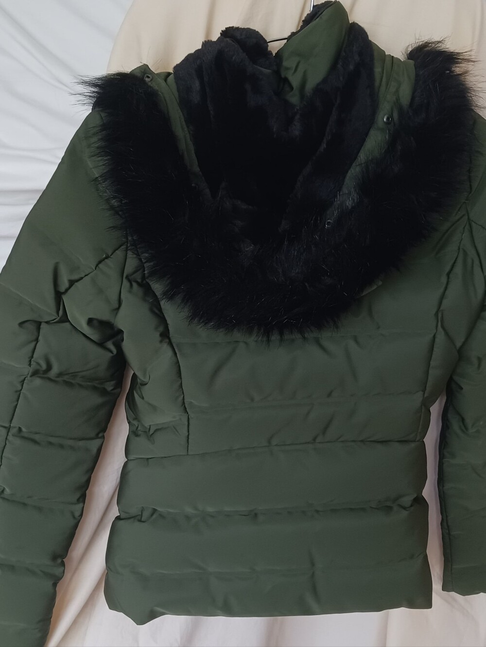 Zara Olive Green Puffer Jacket with Black Faux Fur Trim Size M